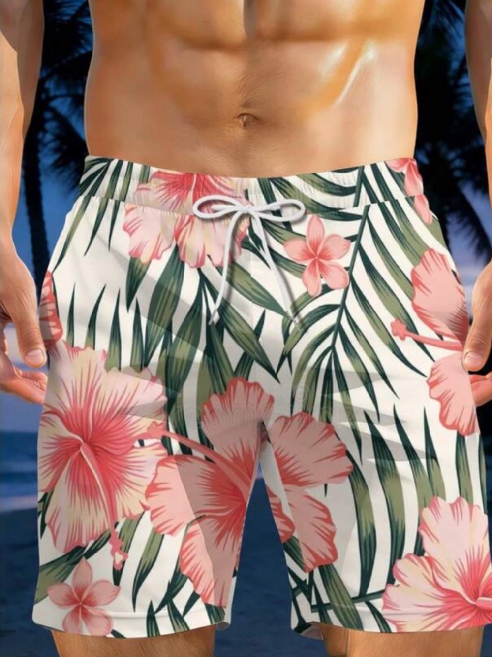 SHEIN Men’s Swim Trunks with Pink Floral & Green Palm Print Sz L